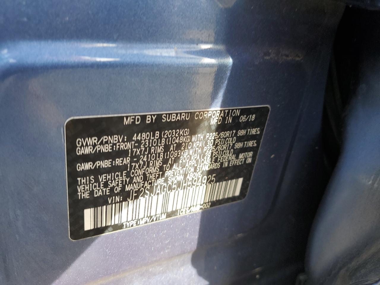 2018 Subaru Forester 2.5I Premium VIN: JF2SJAGC5JH594925 Lot: 91294785