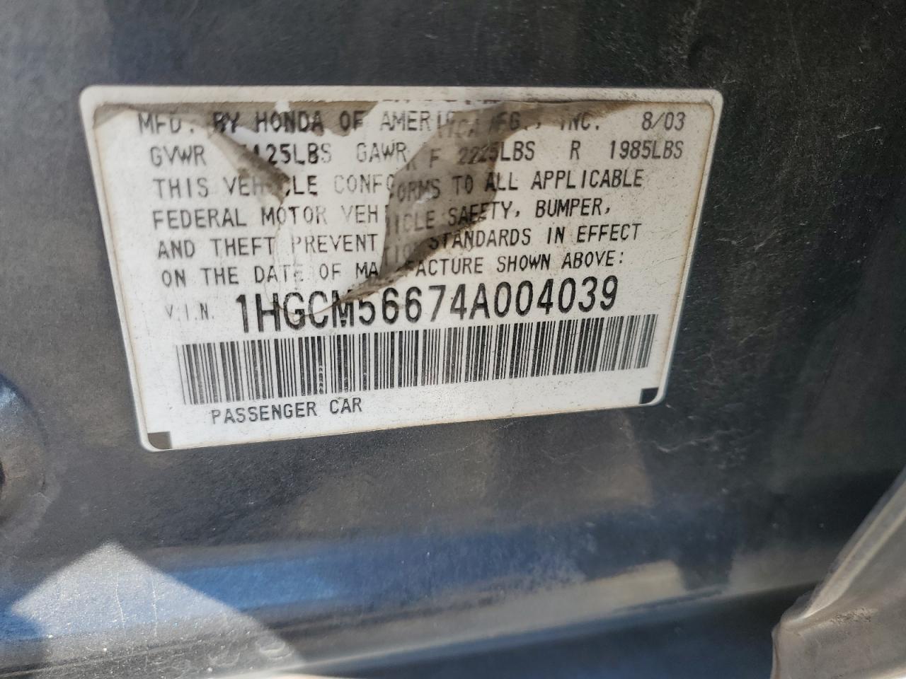 2004 Honda Accord Ex VIN: 1HGCM56674A004039 Lot: 92439605