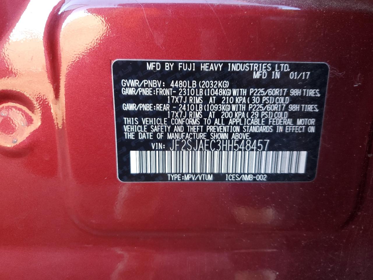 2017 Subaru Forester 2.5I Premium VIN: JF2SJAEC3HH548457 Lot: 92359875