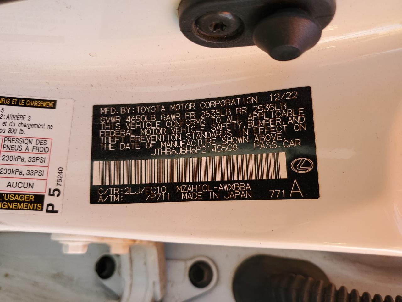 2023 Lexus Ux 250H Base VIN: JTHB6JBH6P2145508 Lot: 91287565