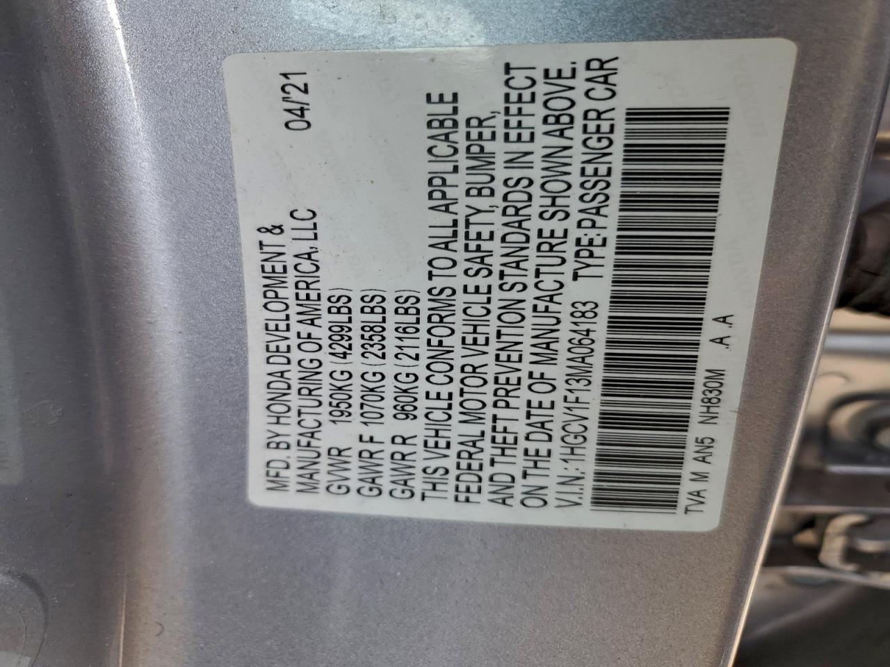 2021 Honda Accord Lx VIN: 1HGCV1F13MA064183 Lot: 94834935