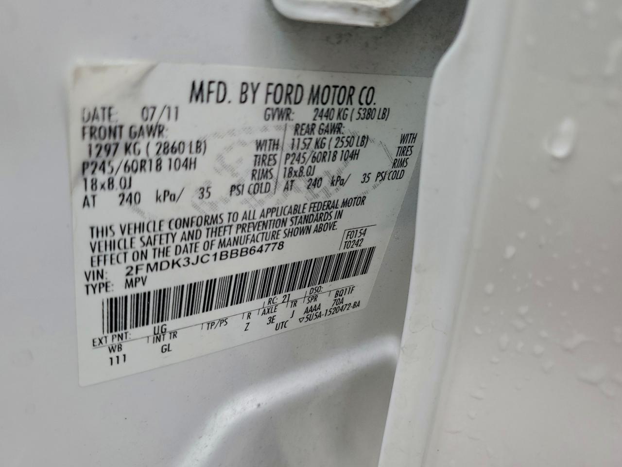 2011 Ford Edge Sel VIN: 2FMDK3JC1BBB64778 Lot: 94217905