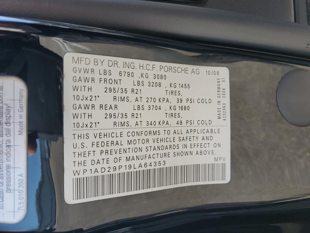 2009 Porsche Cayenne Gts VIN: WP1AD29P19LA64353 Lot: 93287315