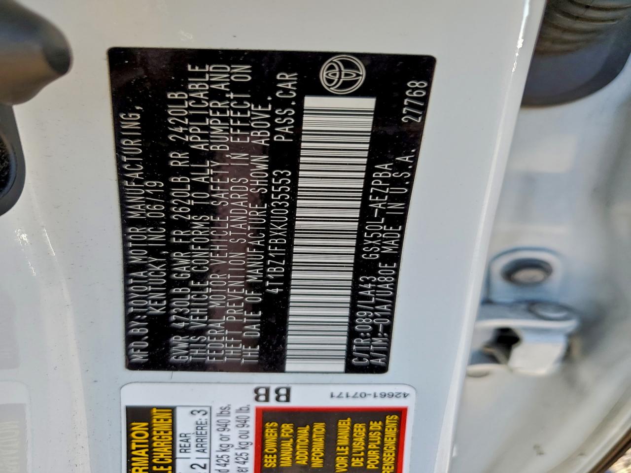 2019 Toyota Avalon Xle VIN: 4T1BZ1FBXKU035553 Lot: 94691275