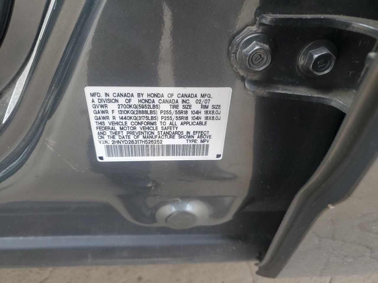 2007 Acura Mdx Technology VIN: 2HNYD28317H526252 Lot: 91828855