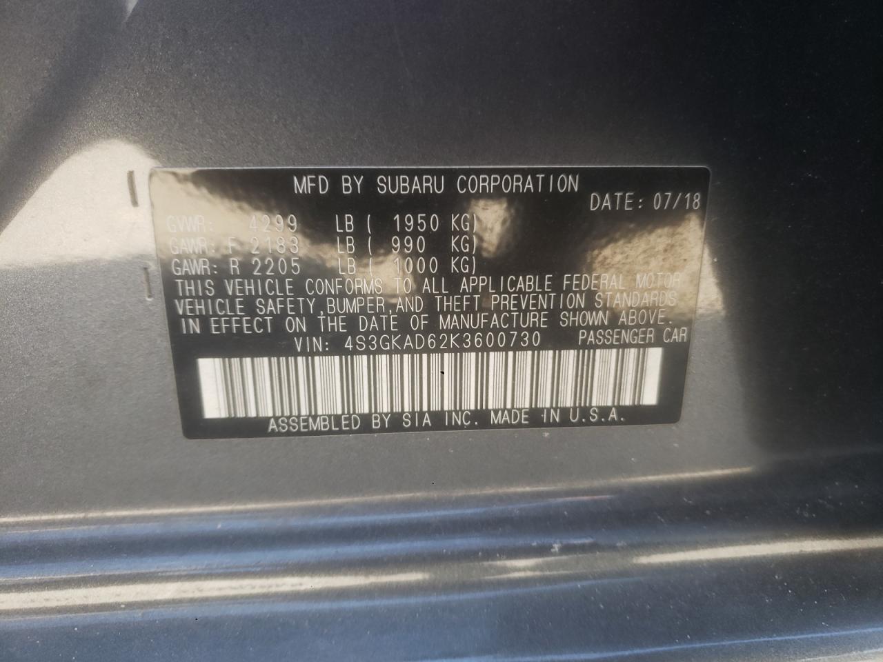 2019 Subaru Impreza Premium VIN: 4S3GKAD62K3600730 Lot: 92015495