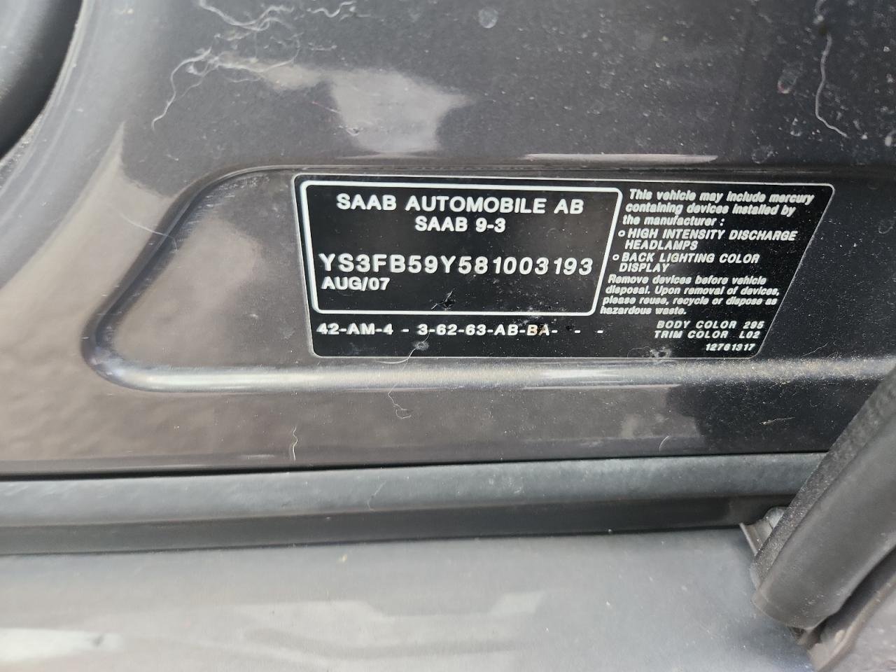 2008 Saab 9-3 2.0T VIN: YS3FB59Y581003193 Lot: 92267175