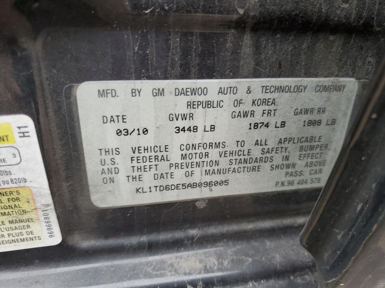 2010 Chevrolet Aveo Ls VIN: KL1TD6DE5AB096005 Lot: 93466715