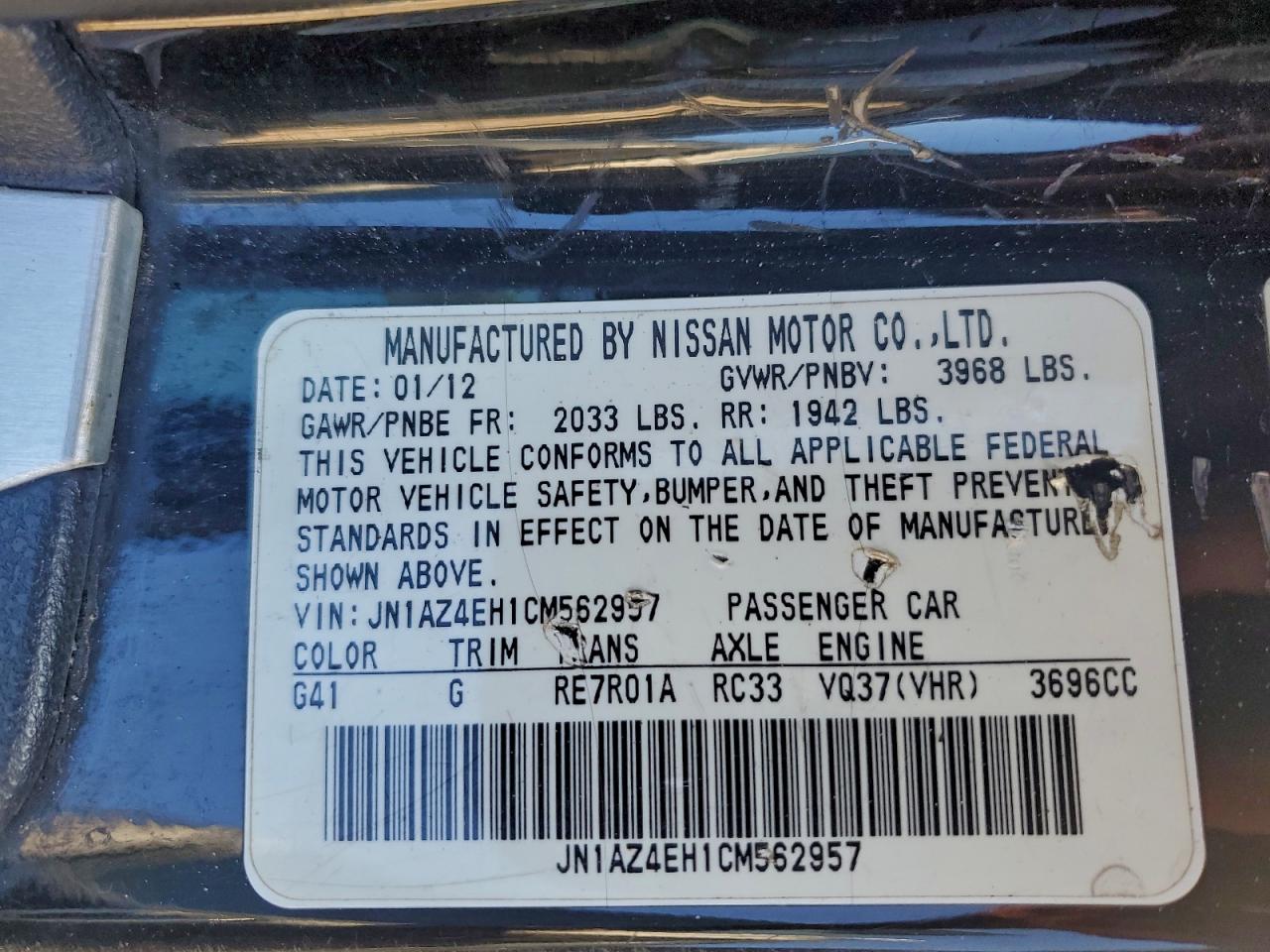 2012 Nissan 370Z Base VIN: JN1AZ4EH1CM562957 Lot: 94170255