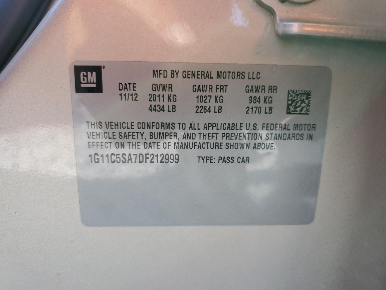 2013 Chevrolet Malibu 1Lt VIN: 1G11C5SA7DF212999 Lot: 93427735