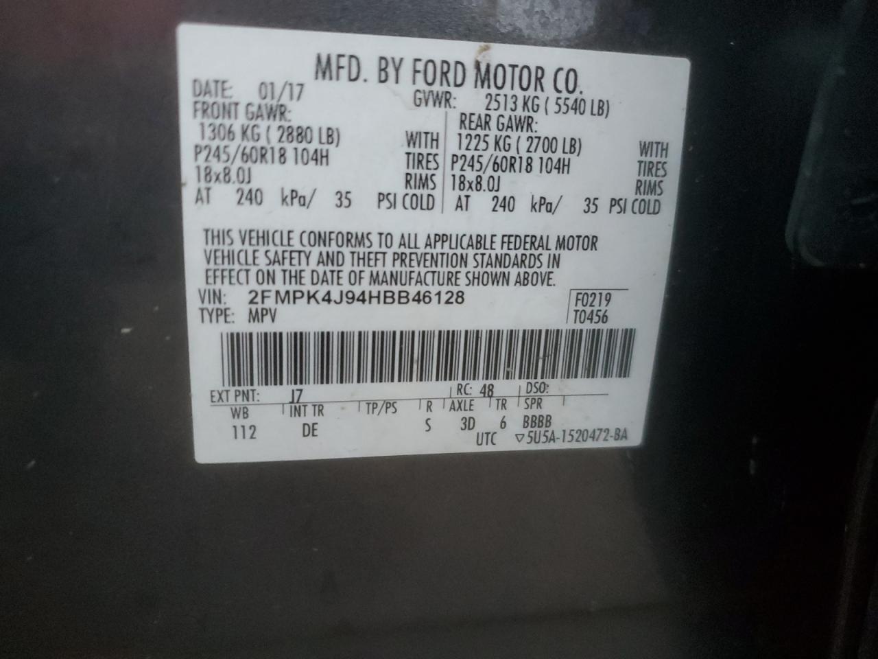 2017 Ford Edge Sel VIN: 2FMPK4J94HBB46128 Lot: 92175985