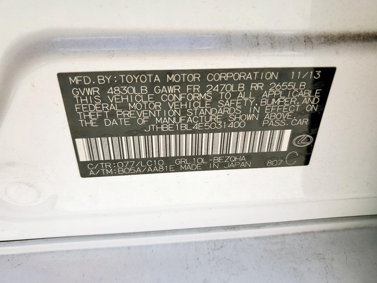 2014 Lexus Gs 350 VIN: JTHBE1BL4E5031400 Lot: 92852405