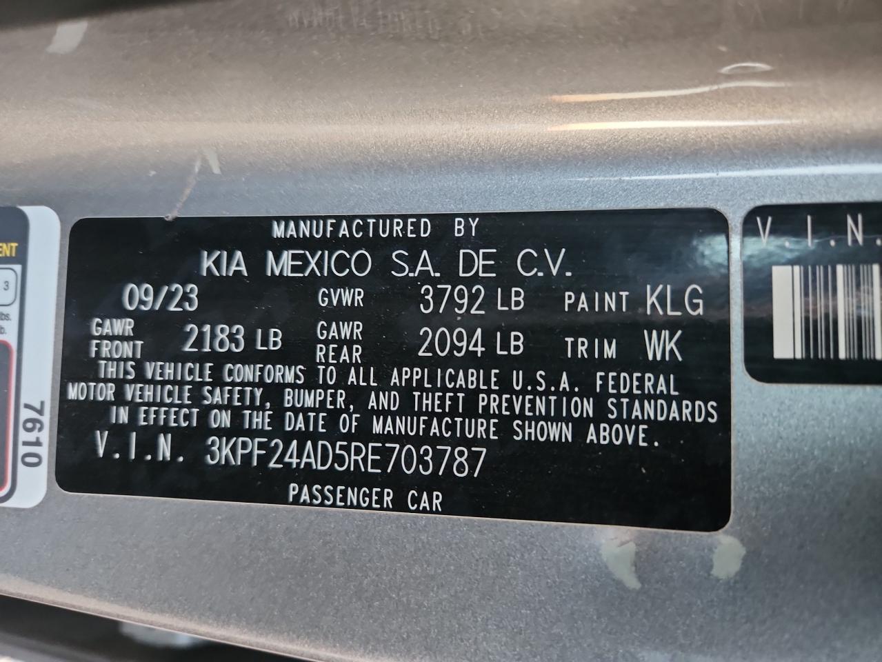 2024 Kia Forte Lx VIN: 3KPF24AD5RE703787 Lot: 91248455