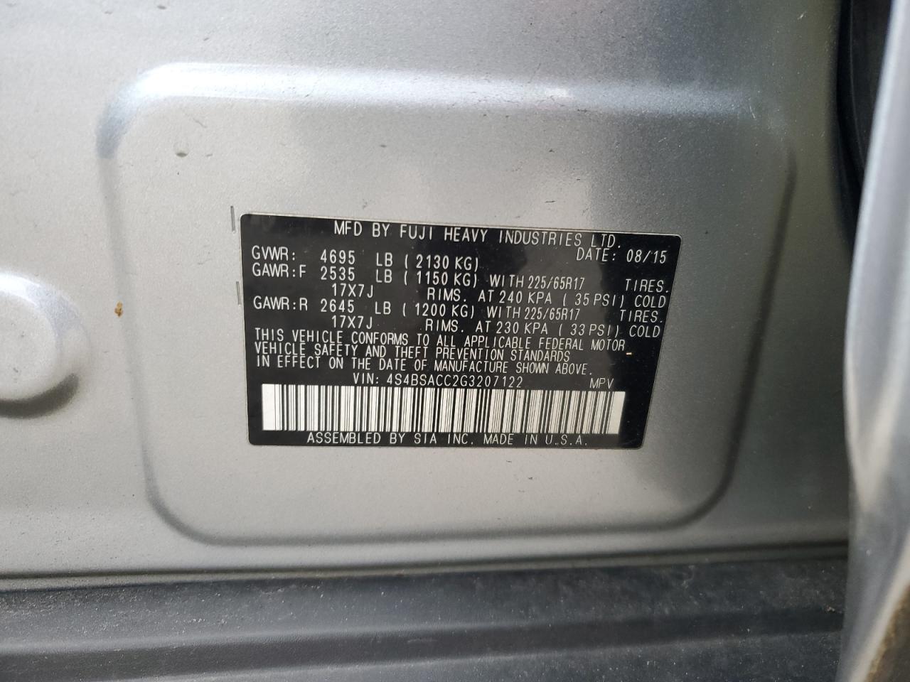 2016 Subaru Outback 2.5I Premium VIN: 4S4BSACC2G3207122 Lot: 92642195