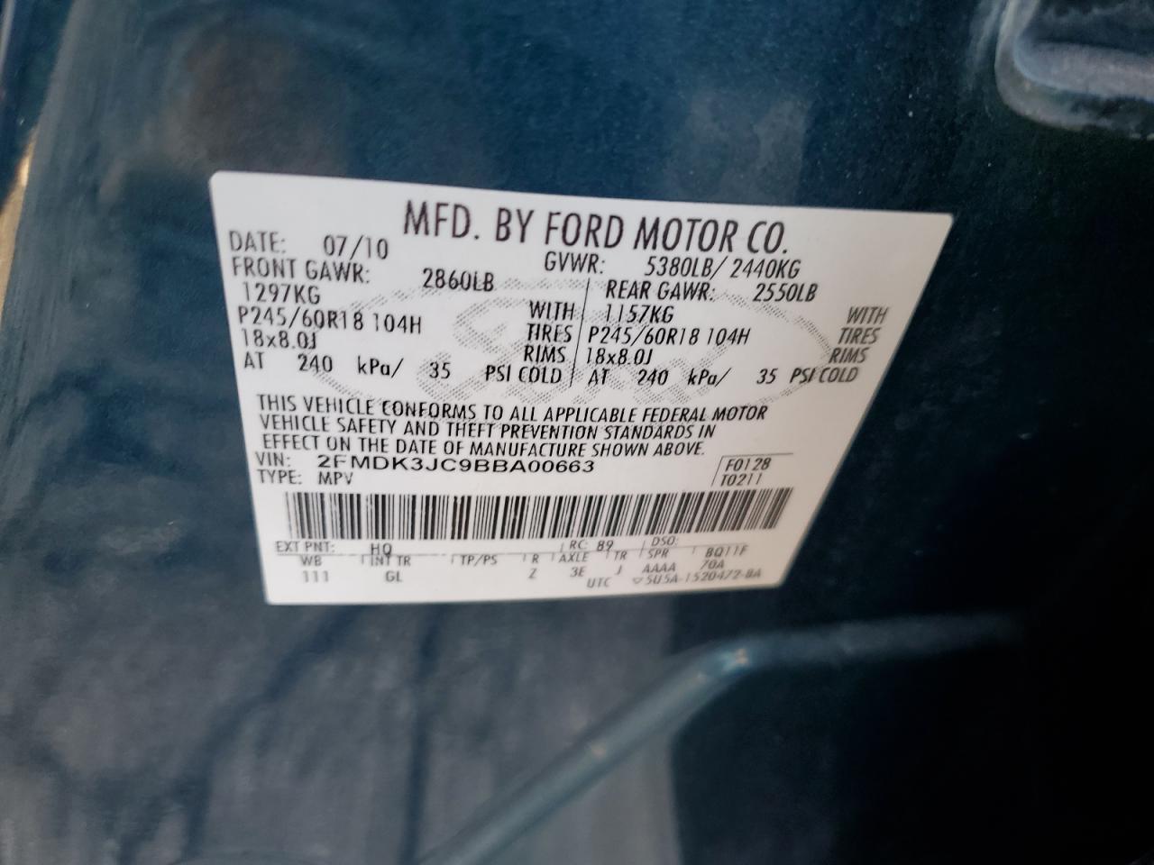 2011 Ford Edge Sel VIN: 2FMDK3JC9BBA00663 Lot: 91286765