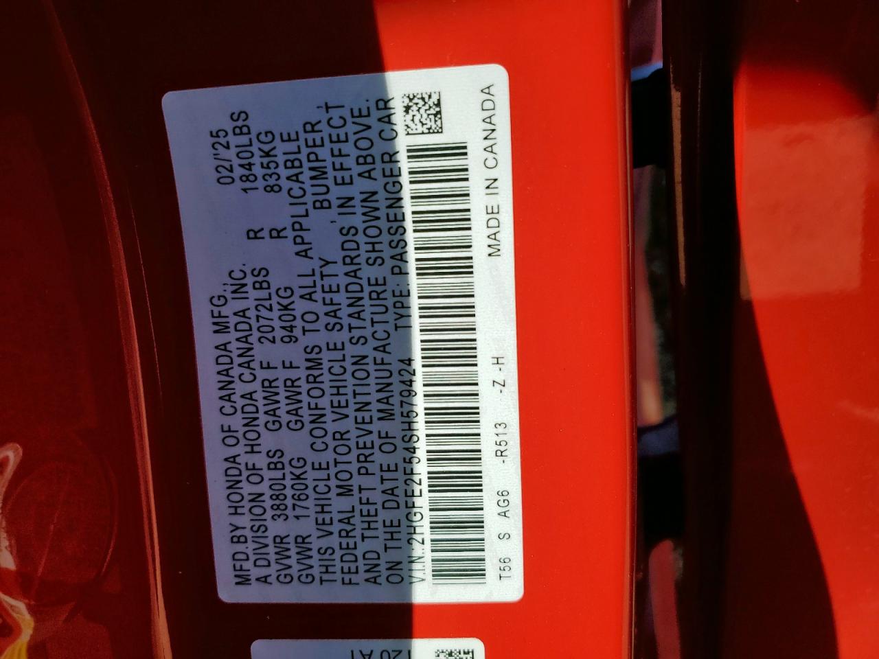 2025 Honda Civic Sport VIN: 2HGFE2F54SH579424 Lot: 92287625