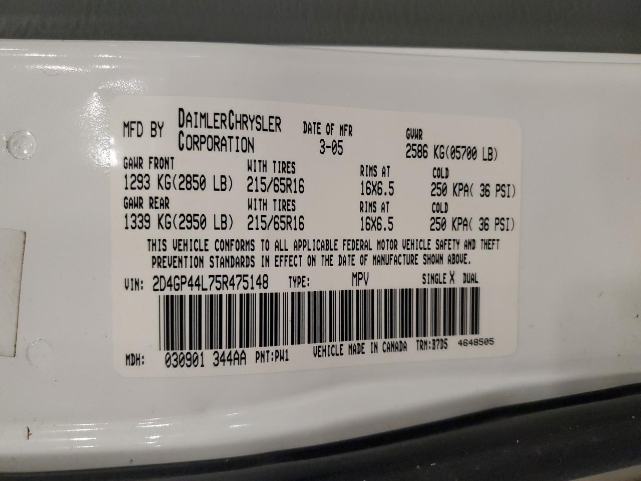 2005 Dodge Grand Caravan Sxt VIN: 2D4GP44L75R475148 Lot: 92426965