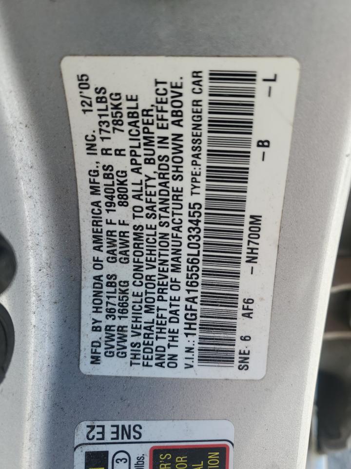 2006 Honda Civic Lx VIN: 1HGFA16556L033455 Lot: 91739475