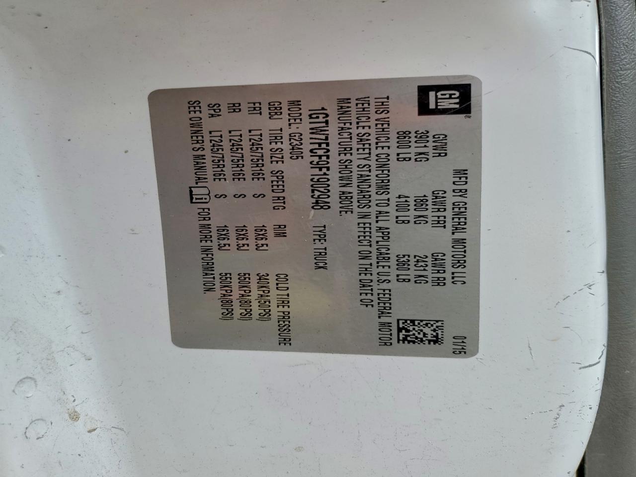 2015 GMC Savana G2500 VIN: 1GTW7FCF9F1902948 Lot: 92486565