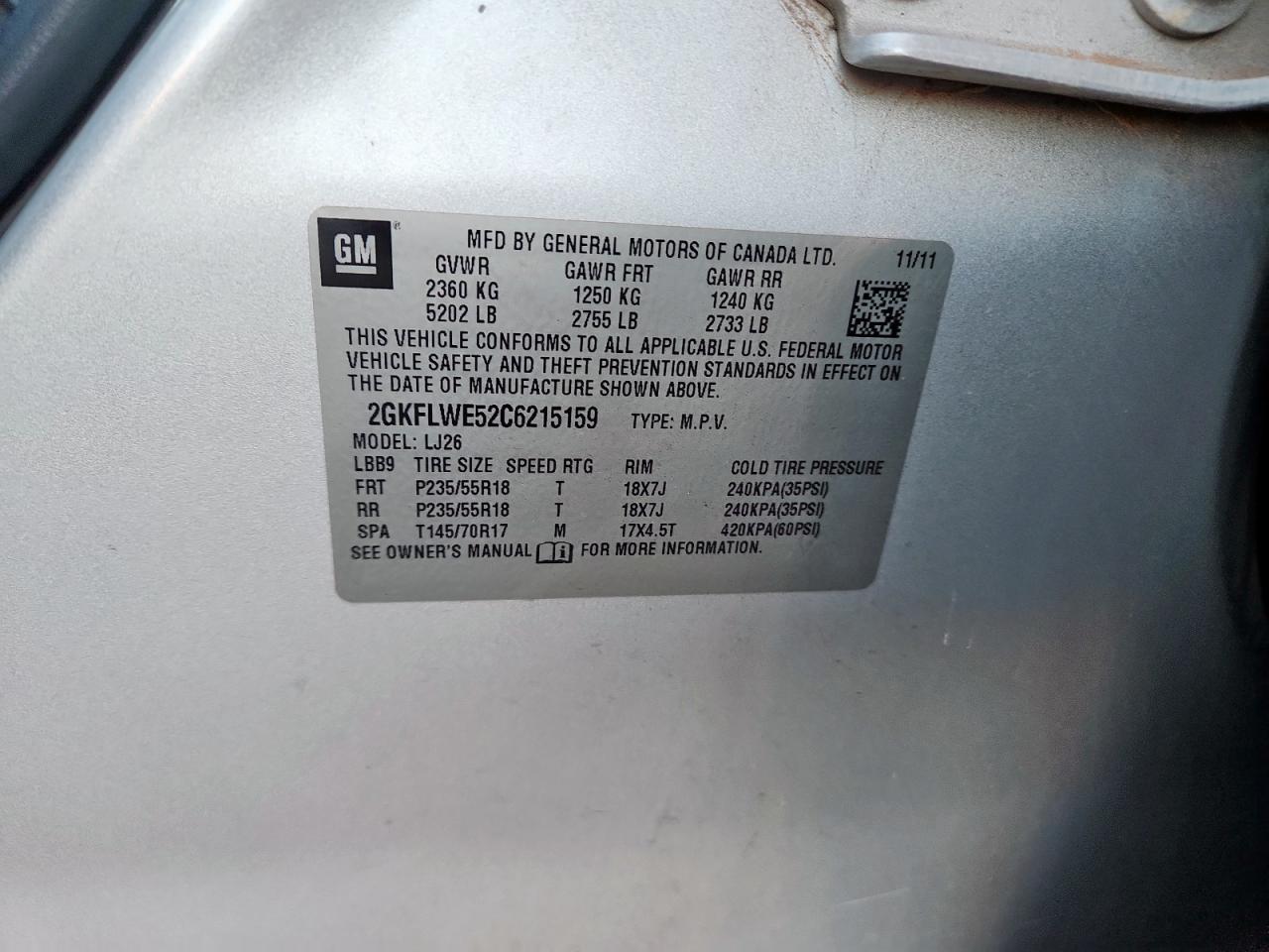 2012 GMC Terrain Slt VIN: 2GKFLWE52C6215159 Lot: 92070605