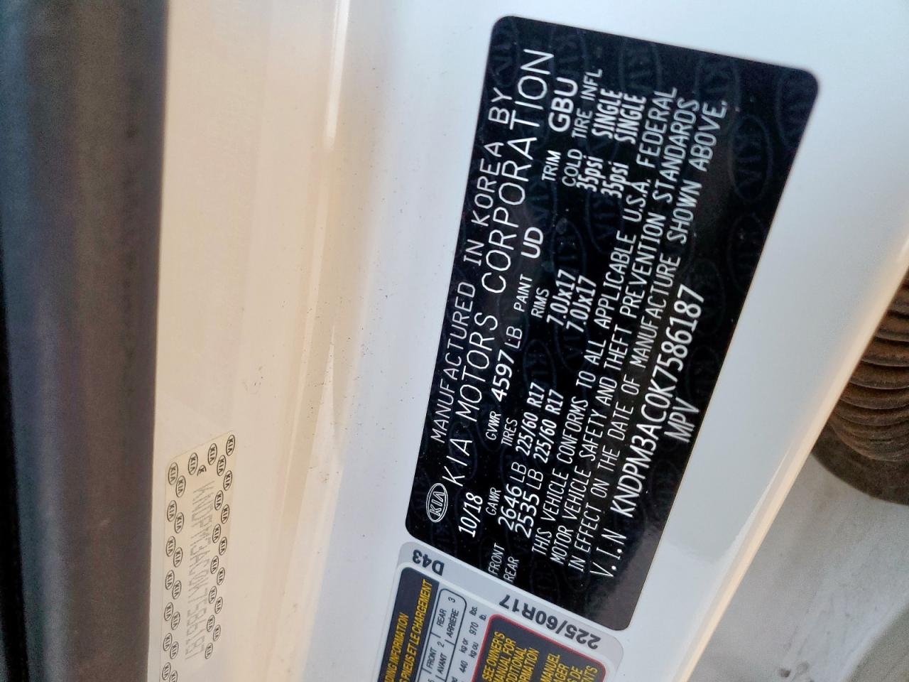 2019 Kia Sportage Lx VIN: KNDPM3AC0K7586187 Lot: 93279465