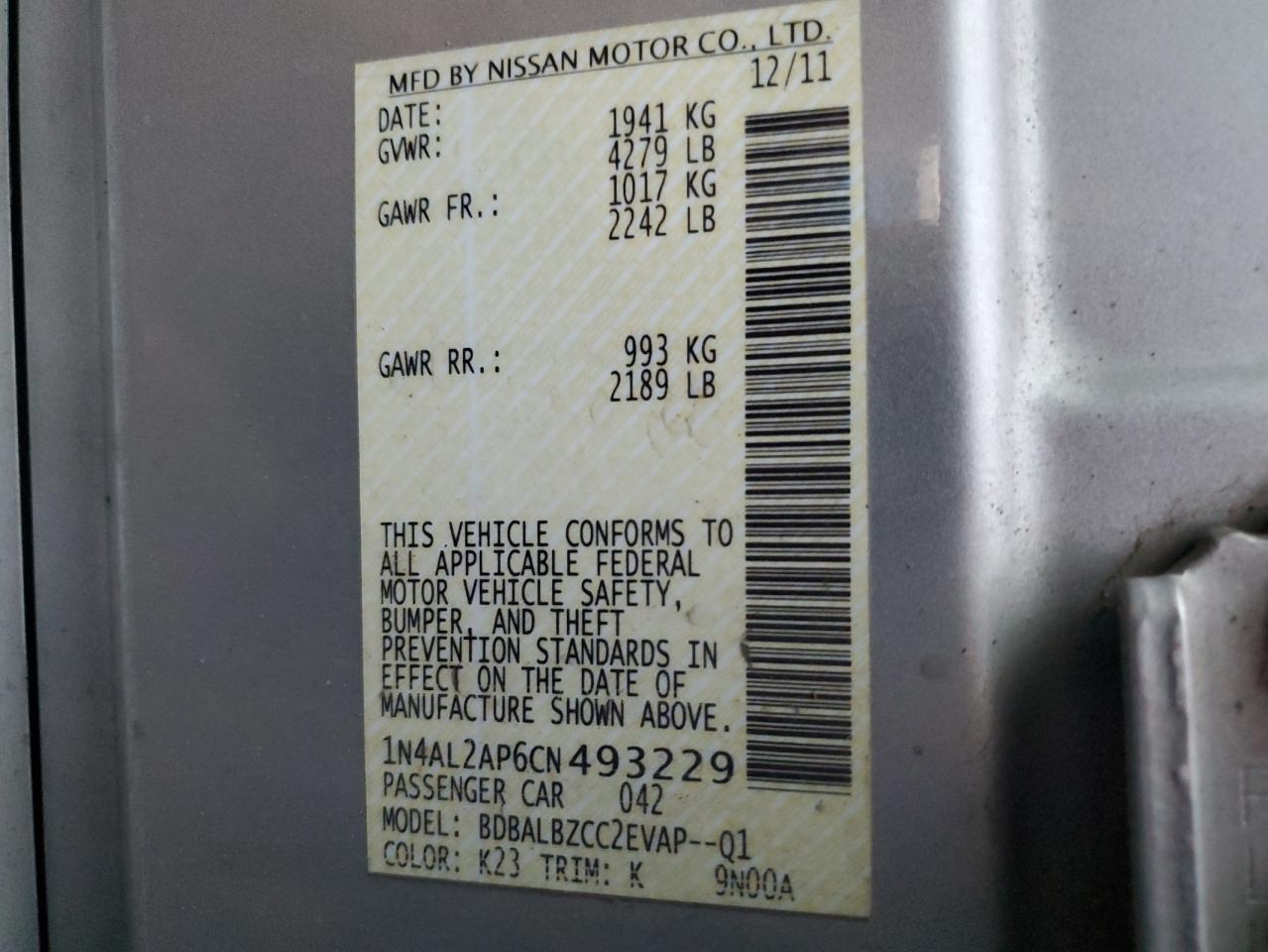 2012 Nissan Altima Base VIN: 1N4AL2AP6CN493229 Lot: 92705405