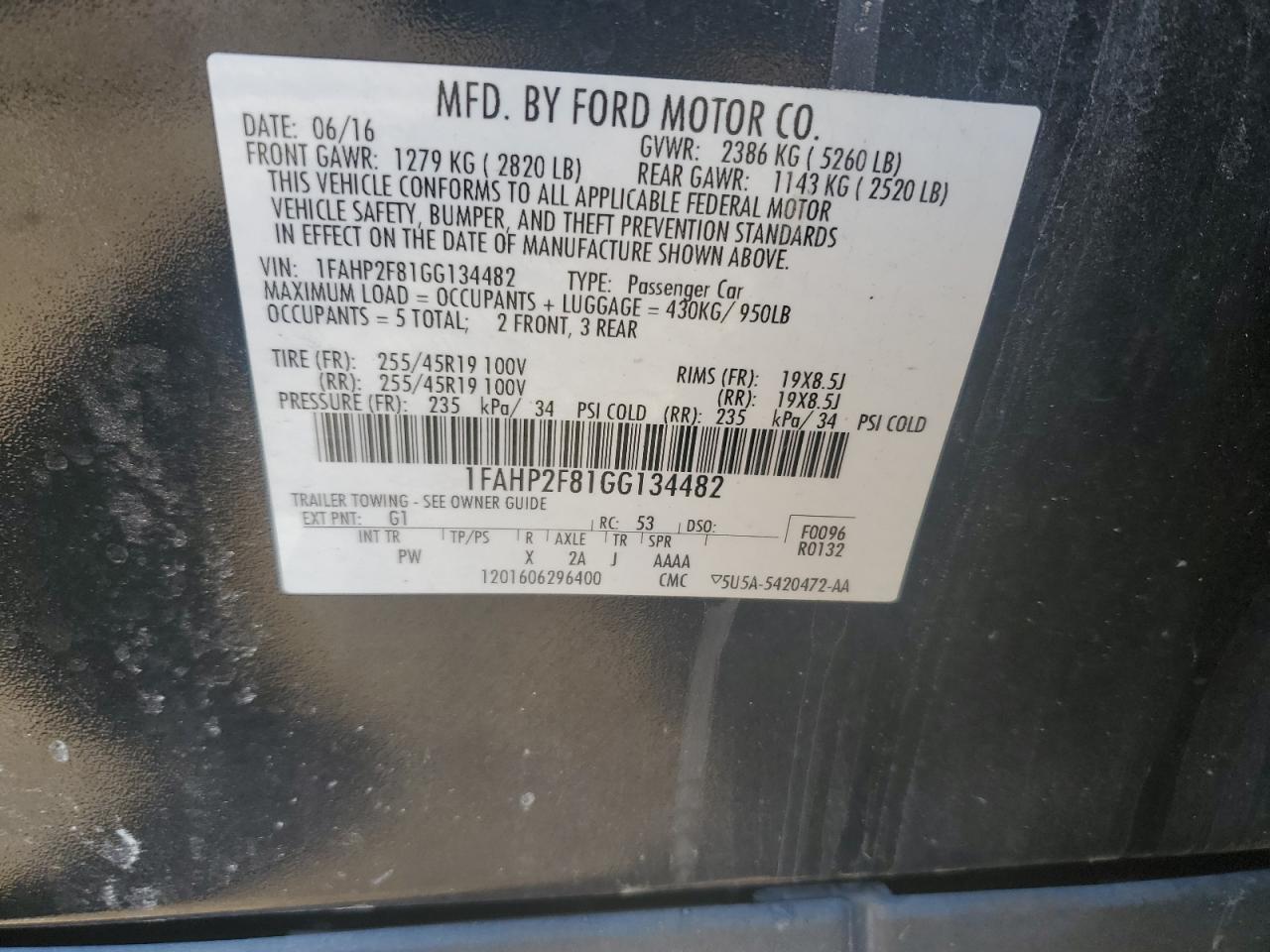 2016 Ford Taurus Limited VIN: 1FAHP2F81GG134482 Lot: 90977645