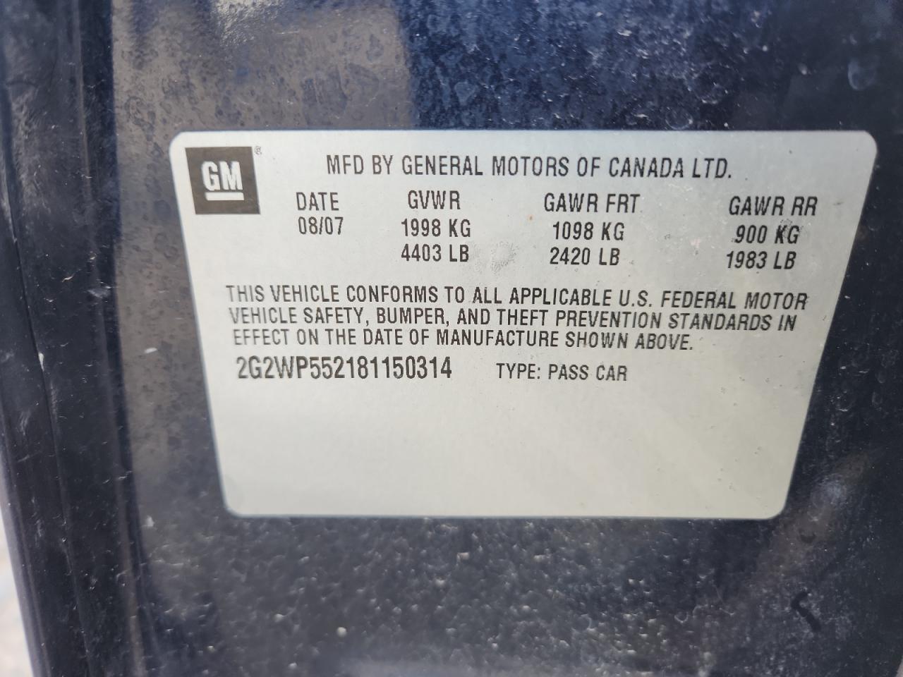 2008 Pontiac Grand Prix VIN: 2G2WP552181150314 Lot: 93017755