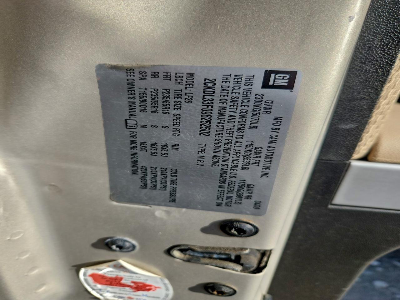 2009 Pontiac Torrent VIN: 2CKDL33F096252502 Lot: 93155705