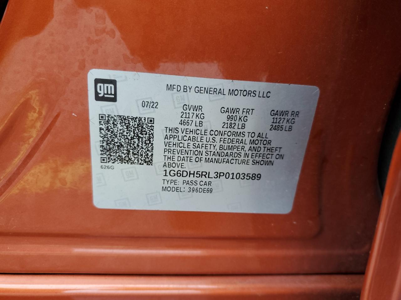 2023 Cadillac Ct4-V VIN: 1G6DH5RL3P0103589 Lot: 91186325