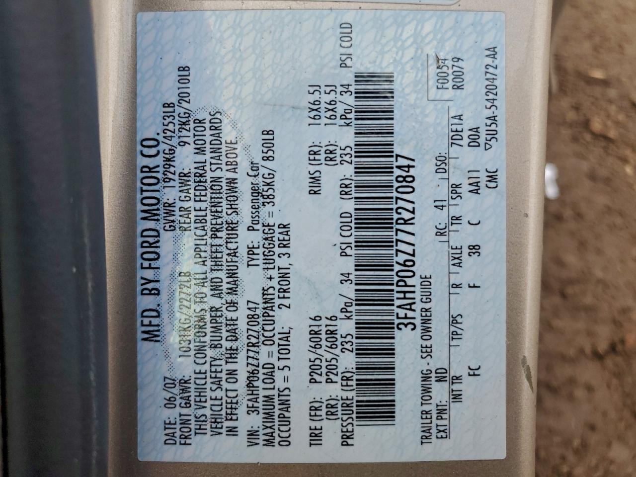 2007 Ford Fusion S VIN: 3FAHP06Z77R270847 Lot: 93909325