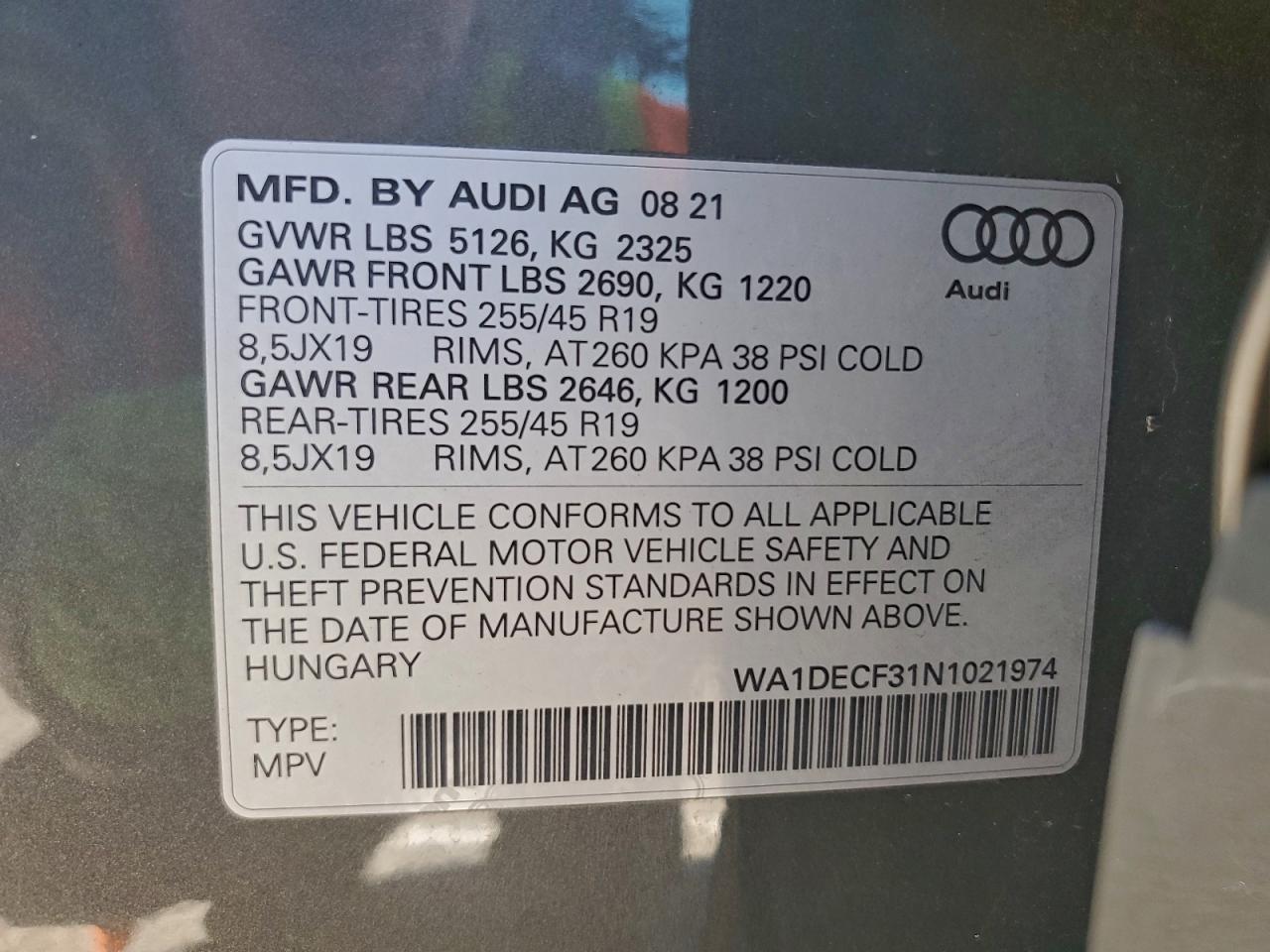 2022 Audi Q3 Premium S Line 45 VIN: WA1DECF31N1021974 Lot: 94300855