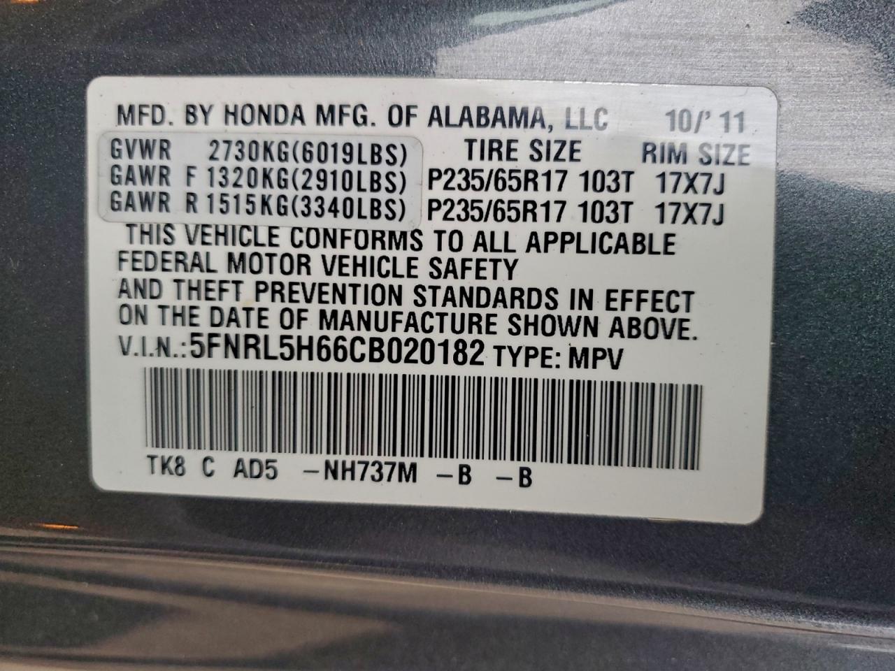 2012 Honda Odyssey Exl VIN: 5FNRL5H66CB020182 Lot: 92394765