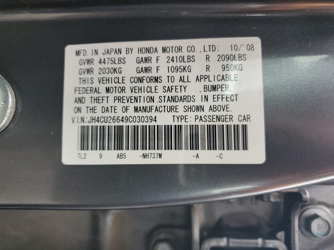 2009 Acura Tsx VIN: JH4CU26649C030394 Lot: 93096695