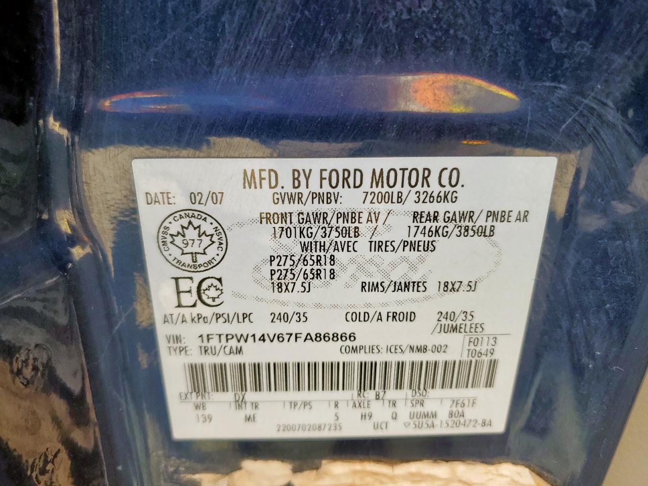 2007 Ford F150 Supercrew VIN: 1FTPW14V67FA86866 Lot: 85435735