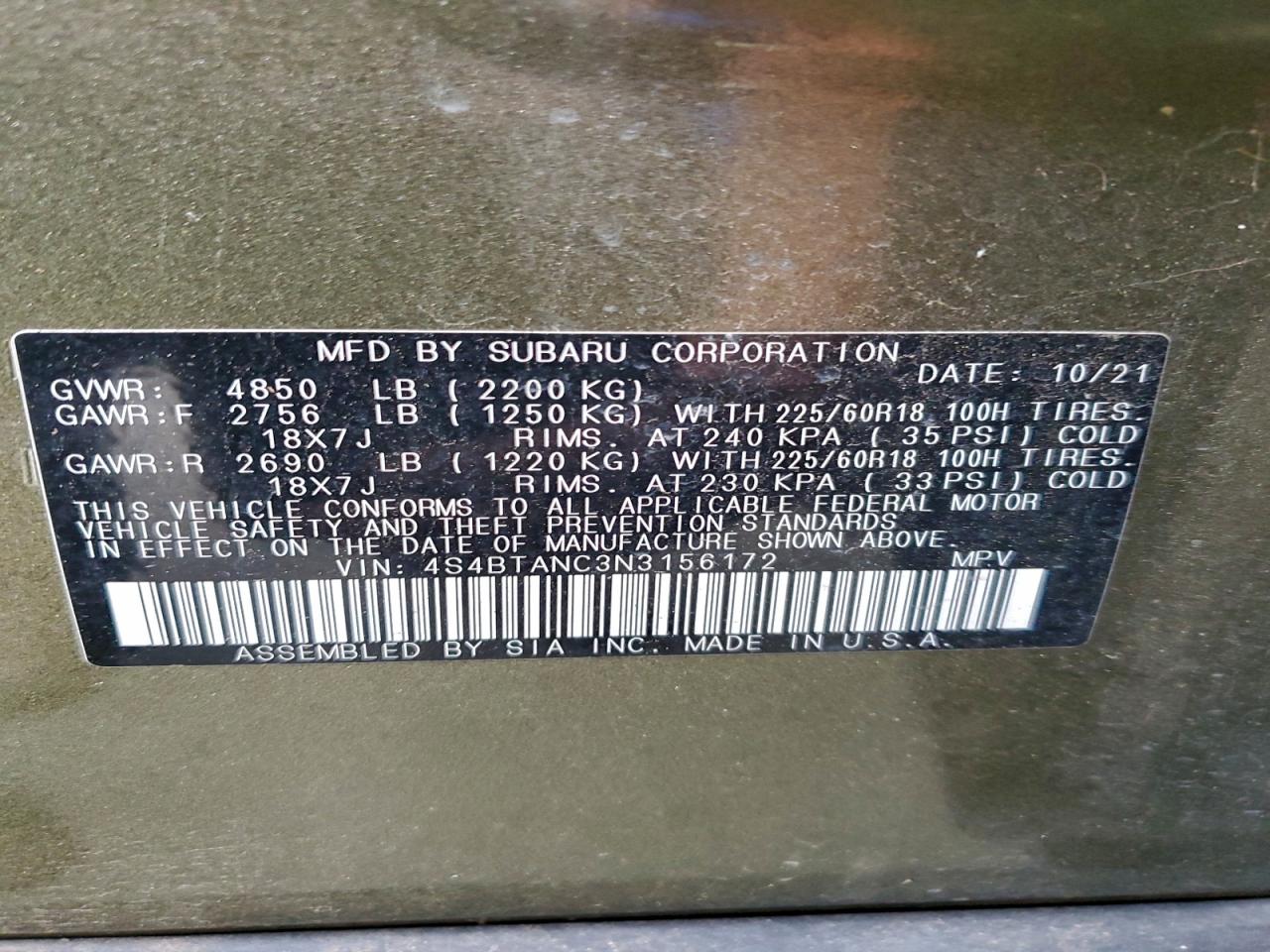 2022 Subaru Outback Limited VIN: 4S4BTANC3N3156172 Lot: 94379745