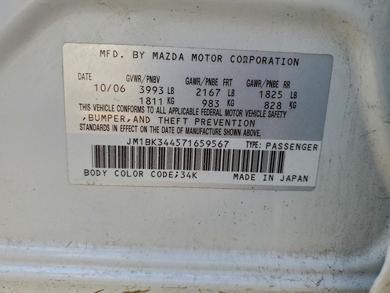 2007 Mazda 3 Hatchback VIN: JM1BK344571659567 Lot: 93991045