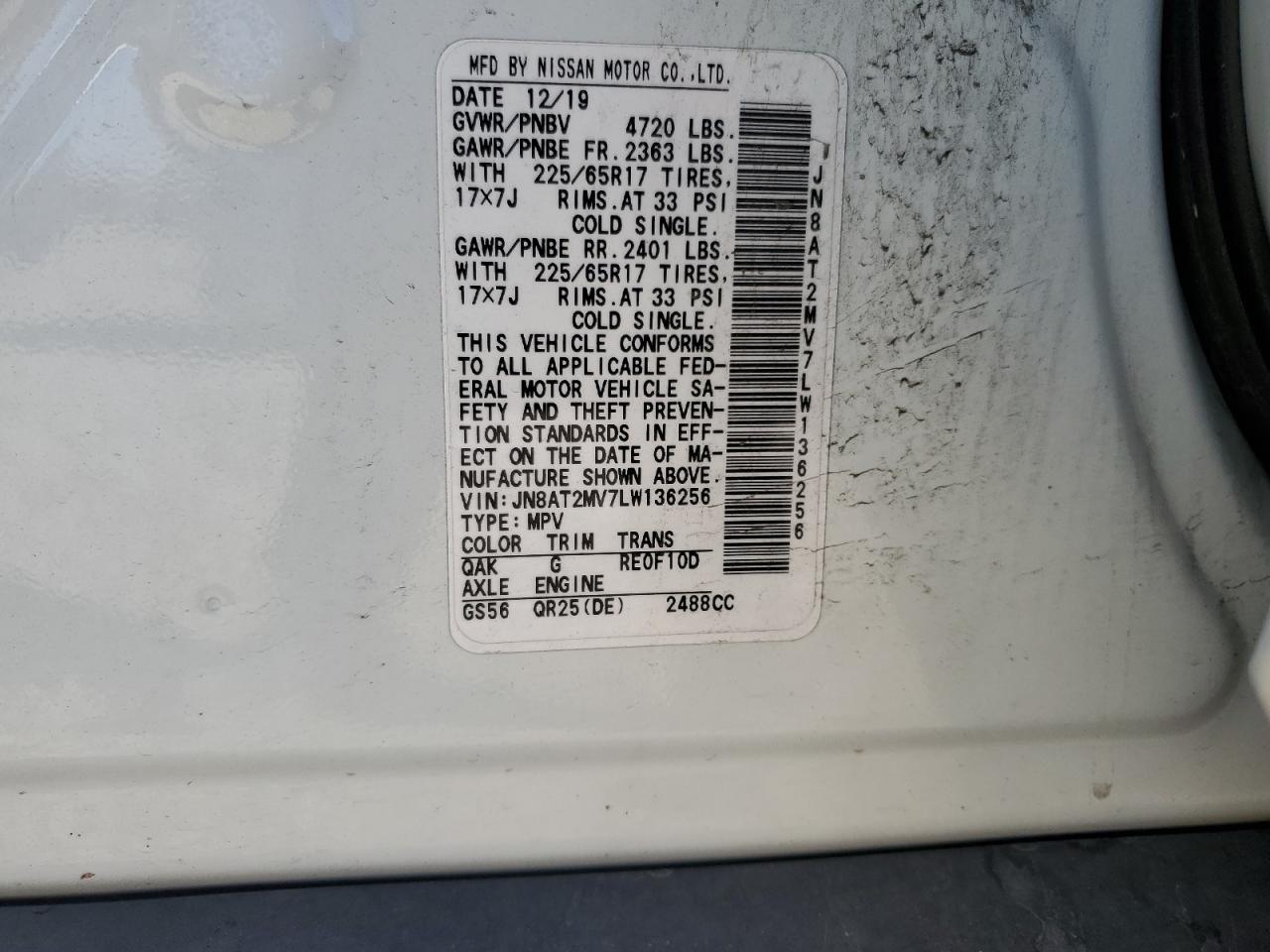 2020 Nissan Rogue S VIN: JN8AT2MV7LW136256 Lot: 91277795