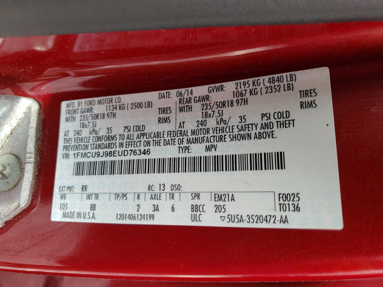 2014 Ford Escape Titanium VIN: 1FMCU9J98EUD76346 Lot: 92491205