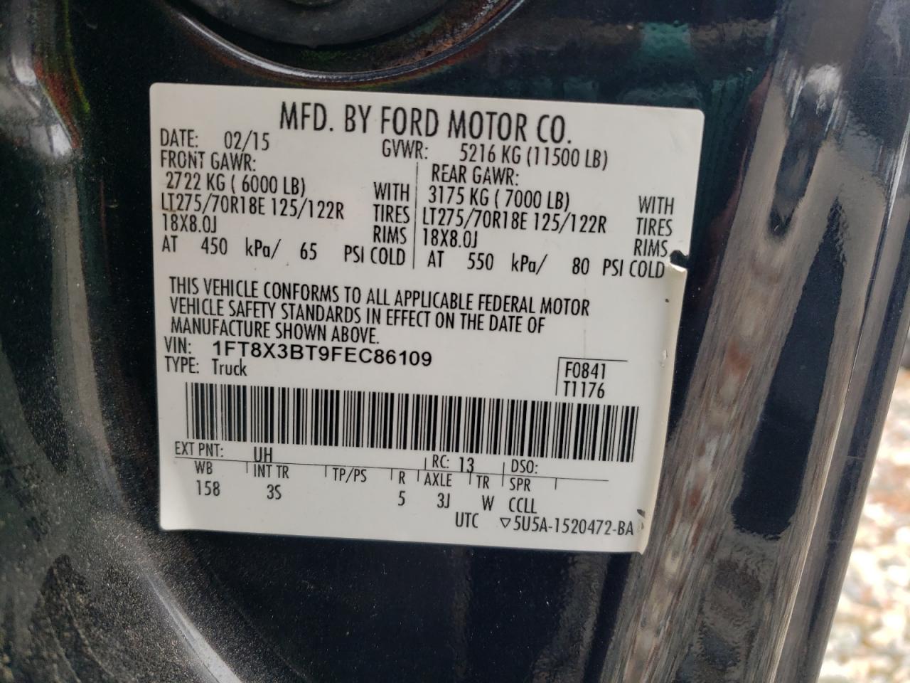 2015 Ford F350 Super Duty VIN: 1FT8X3BT9FEC86109 Lot: 92131205