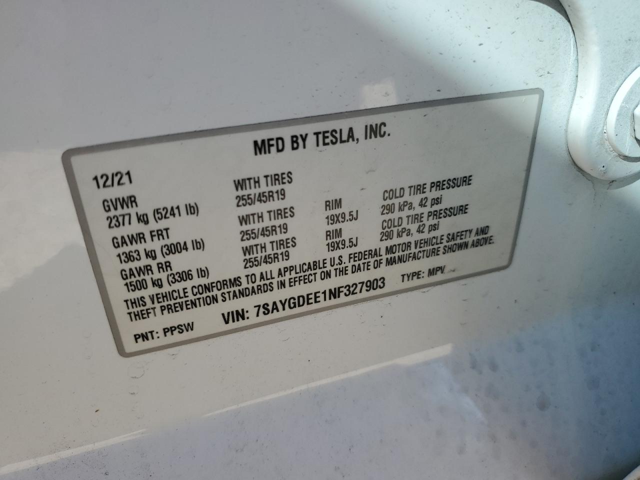 2022 Tesla Model Y VIN: 7SAYGDEE1NF327903 Lot: 91265635