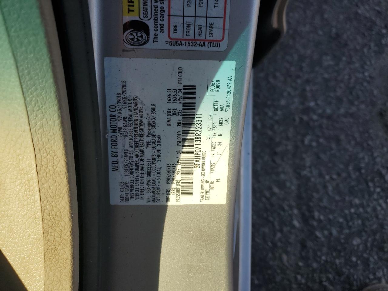 2008 Ford Fusion Se VIN: 3FAHP07138R223311 Lot: 92068855