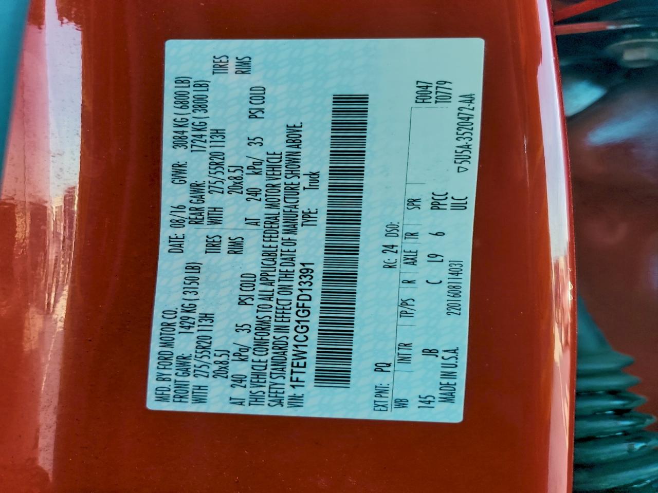 2016 Ford F150 Supercrew VIN: 1FTEW1CG1GFD13391 Lot: 94022015