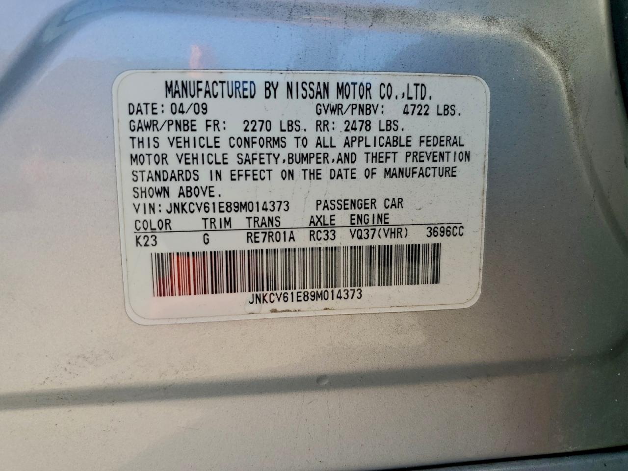 2009 Infiniti G37 Base VIN: JNKCV61E89M014373 Lot: 92951325