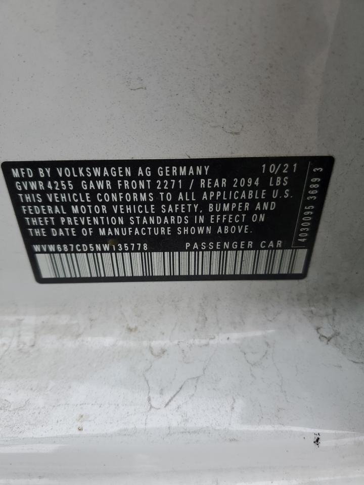 2022 Volkswagen Gti Autobahn VIN: WVW687CD5NW135778 Lot: 92506915