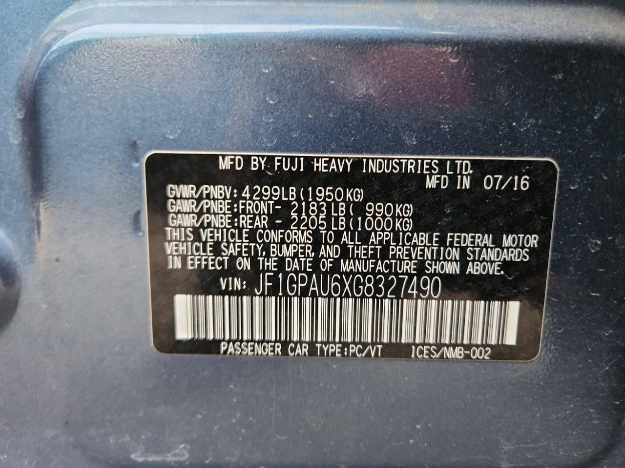 2016 Subaru Impreza Sport Limited VIN: JF1GPAU6XG8327490 Lot: 92272845