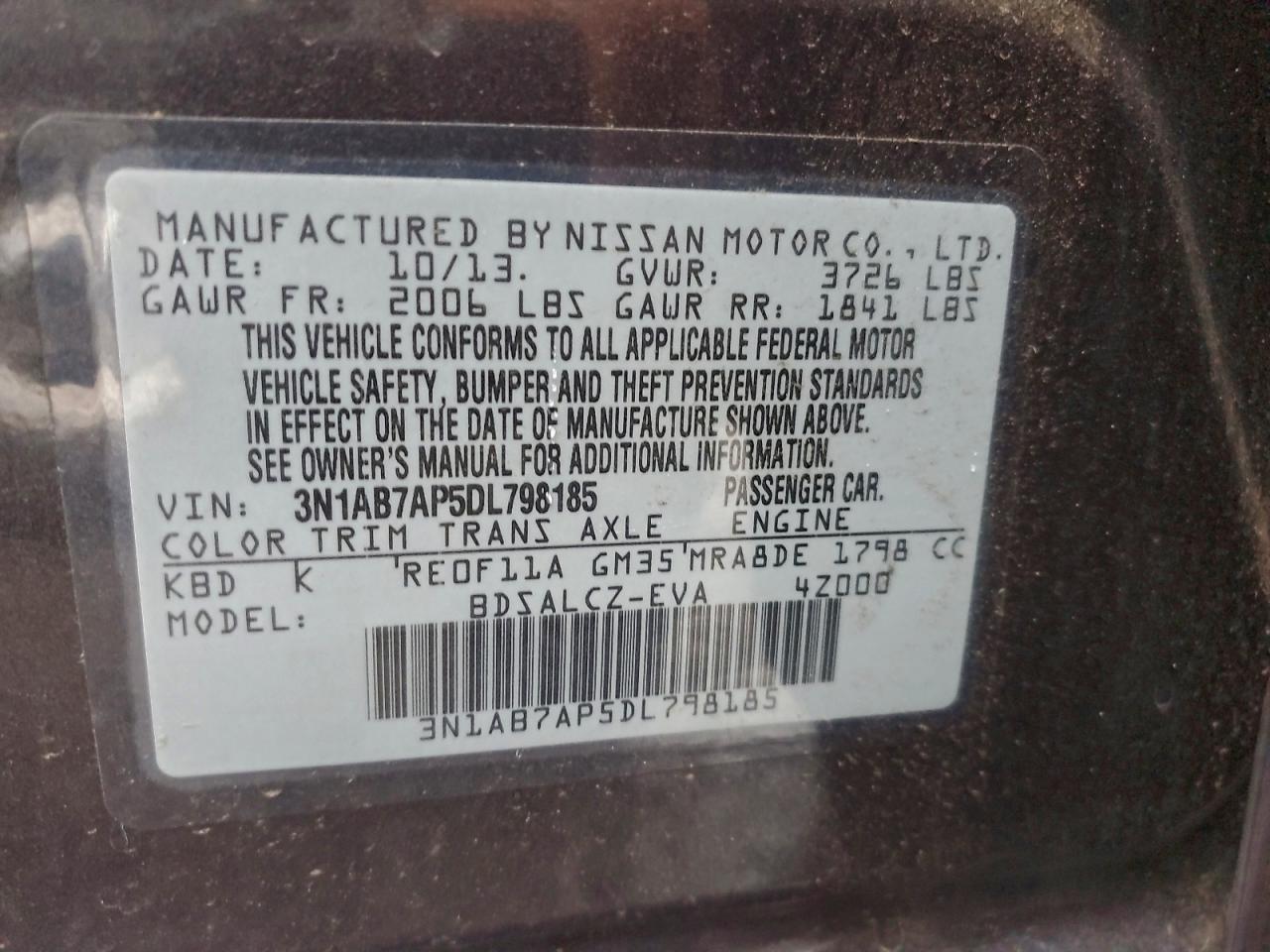 2013 Nissan Sentra S VIN: 3N1AB7AP5DL798185 Lot: 94591375