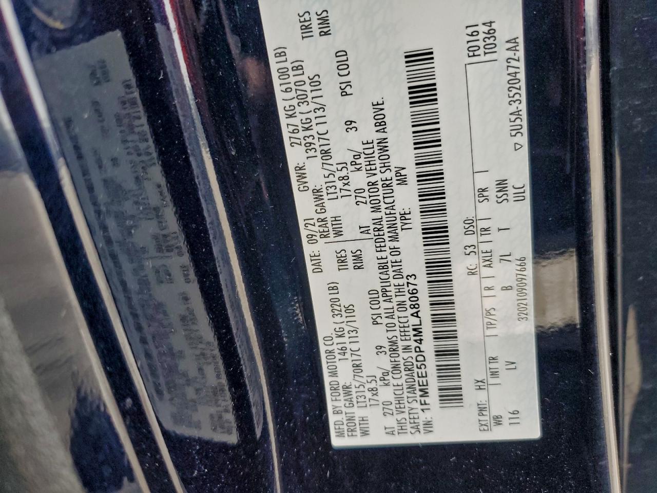 2021 Ford Bronco Base VIN: 1FMEE5DP4MLA80673 Lot: 94062105