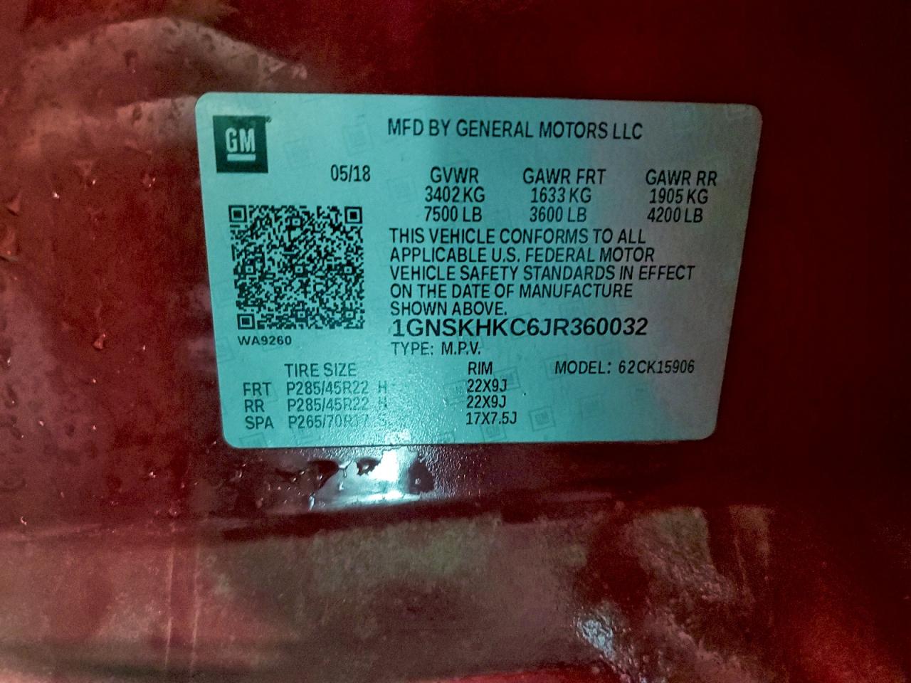 2018 Chevrolet Suburban K1500 Lt VIN: 1GNSKHKC6JR360032 Lot: 93244455