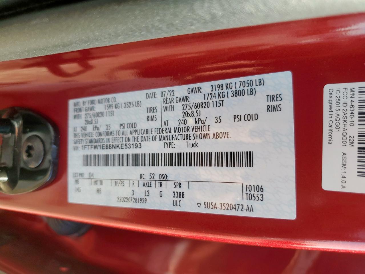 2022 Ford F150 Supercrew VIN: 1FTFW1E88NKE53193 Lot: 91323555